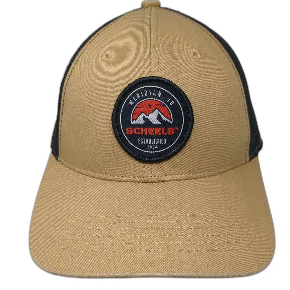 Scheels Trucker Hat Beige Black OS Meridian Idaho Mountain Patch Snapback Mesh